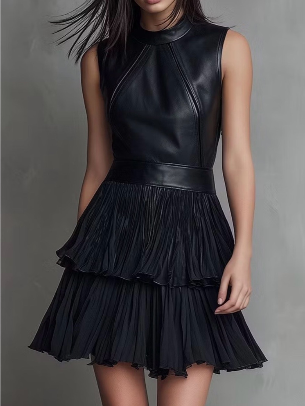 Sleeveless Black Pleated Tiered Dress